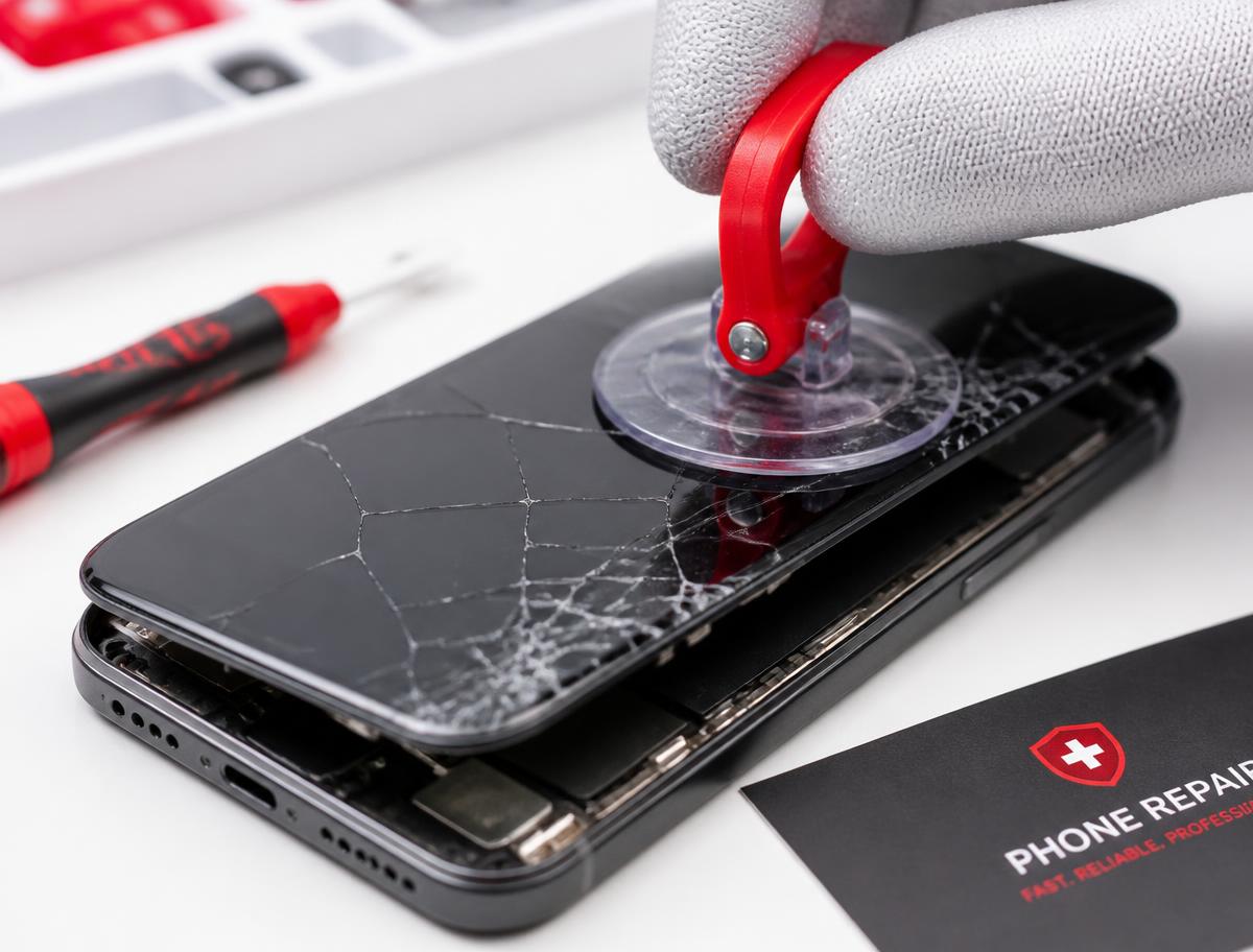 Technician replacing a smartphone display